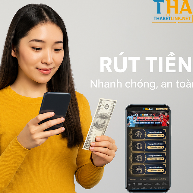 Cô gái rút tiền trên điện thoại bằng ứng dụng Thabet, minh họa thao tác rút tiền nhanh và an toàn.